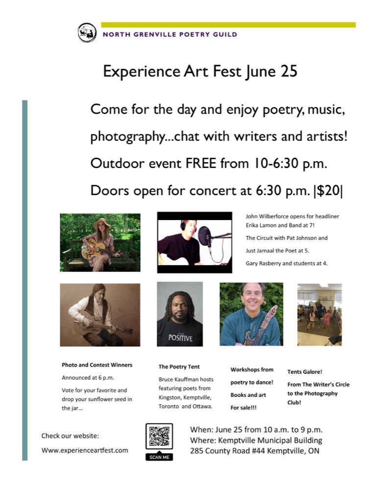 Flyer for Experience Art Fest, June 25 2022, organized by the North Grenville Poetry Guild at the Kemptville Municipal Building