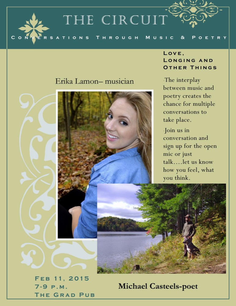 Brochure cover for "The Circuit: Conversations Through Music and Poetry," featuring the Love, Longing and Other Things event on February 11, 2015 with musician Erika Lamon and poet Michael Casteels