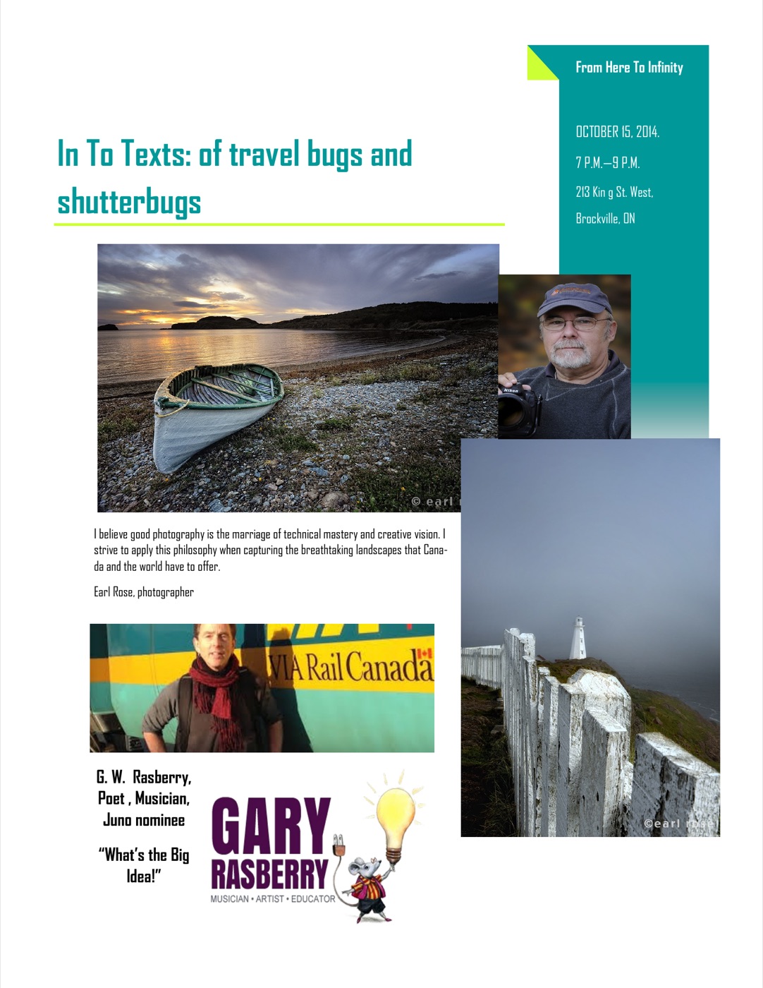 Poster for "In To Texts: Of Travel Bugs and Shutterbugs," October 15 2014, From Here To Infinity Gallery, Brockville, featuring photographer Earl Rose and poet-musician G.W. Rasberry presenting "What's the Big Idea!"